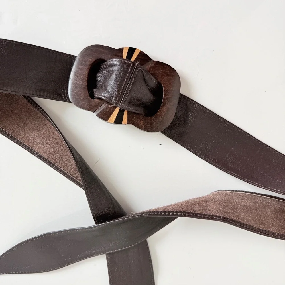 Vintage Women's Wooden Buckle Leather Tie Belt‎
